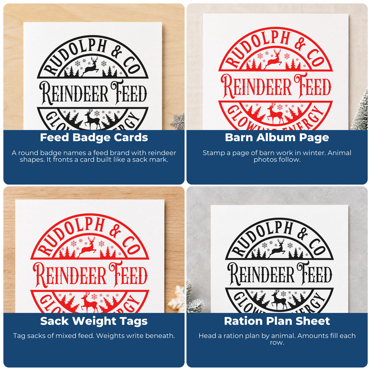 Four ways to use the Rudolph & Co. Reindeer Feed Glowing Energy Slim Pre-Inked Stamp: feed badge cards, barn album page, sack weight tags and ration plan sheet.