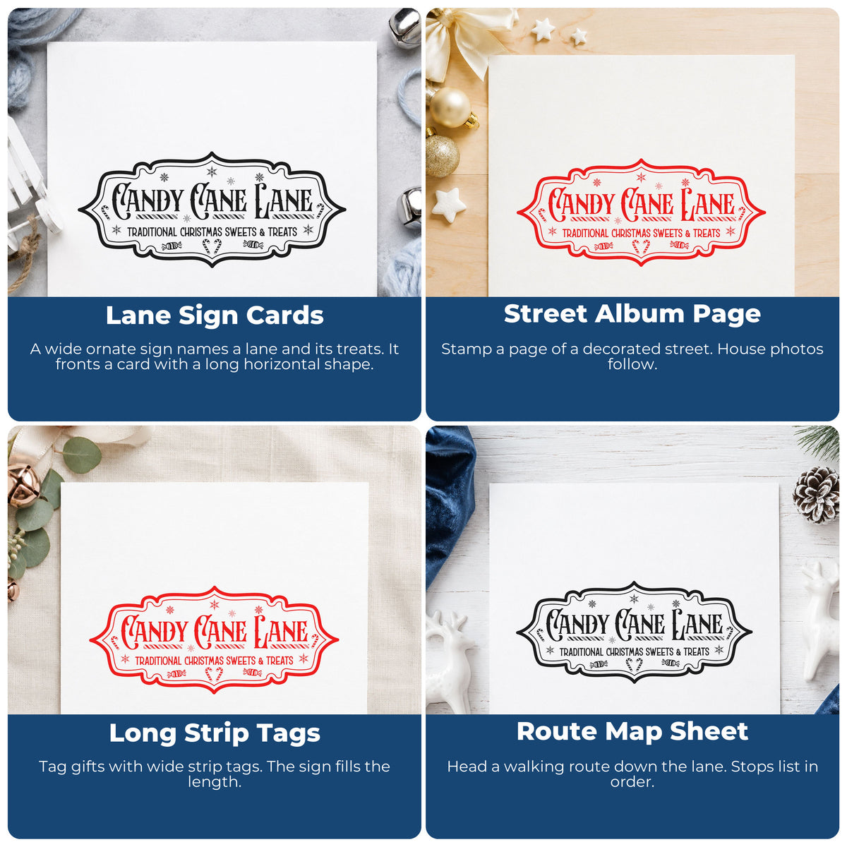 Four ways to use the Candy Cane Lane Vintage Sign Lettering PSI Pre-Inked Stamp: lane sign cards, street album page, long strip tags and route map sheet.