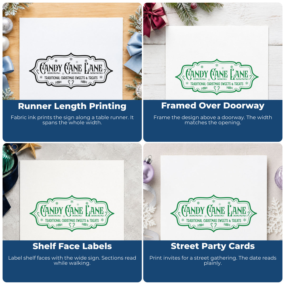 Four ways to use the Candy Cane Lane Vintage Sign Lettering PSI Pre-Inked Stamp: runner length printing, framed over doorway, shelf face labels and street party cards.