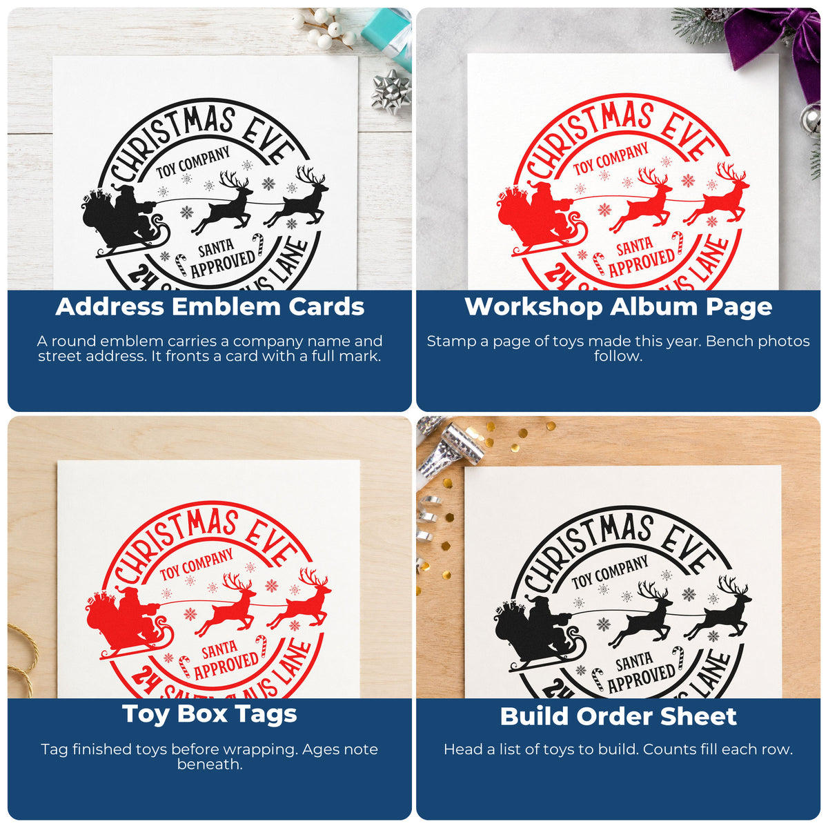 Four ways to use the Christmas Eve Toy Company Wood Handle Stamp: address emblem cards, workshop album page, toy box tags and build order sheet.