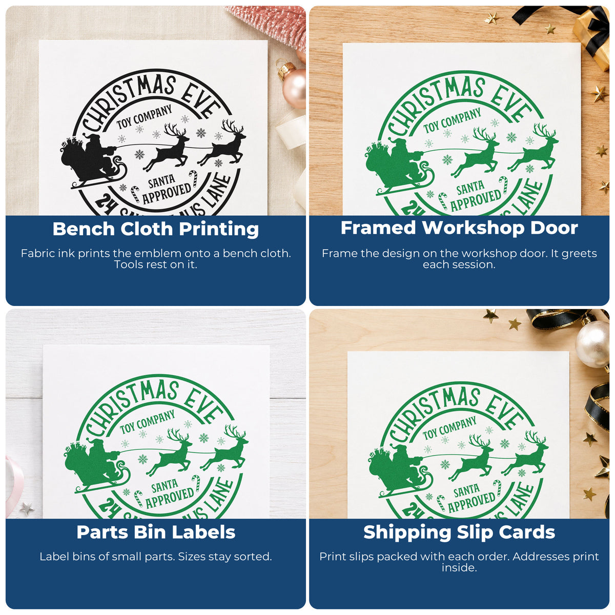 Four ways to use the Christmas Eve Toy Company Wood Handle Stamp: bench cloth printing, framed workshop door, parts bin labels and shipping slip cards.
