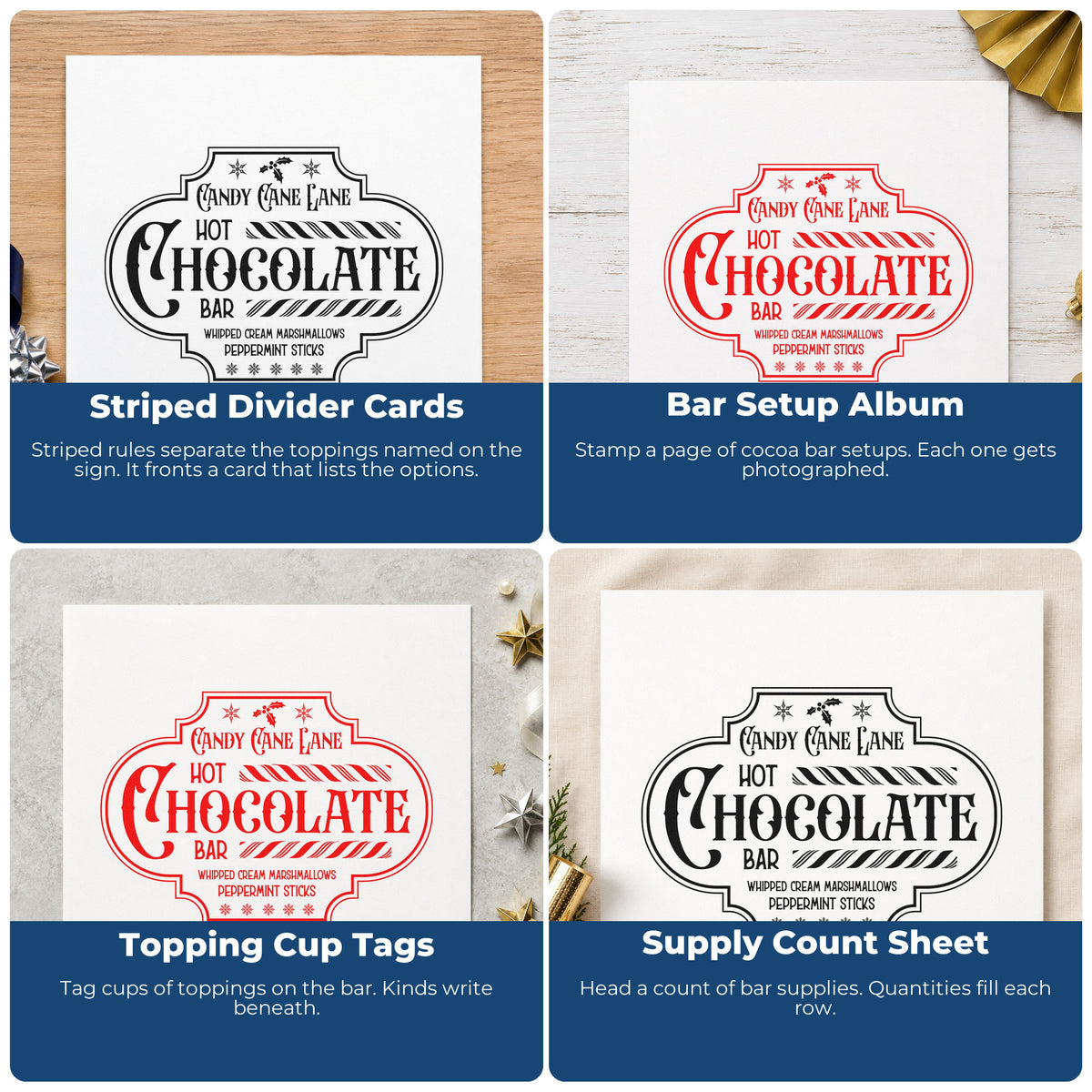 Four ways to use the Pre-Inked Candy Cane Lane Chocolate Bar Stamp – PSI: striped divider cards, bar setup album, topping cup tags and supply count sheet.