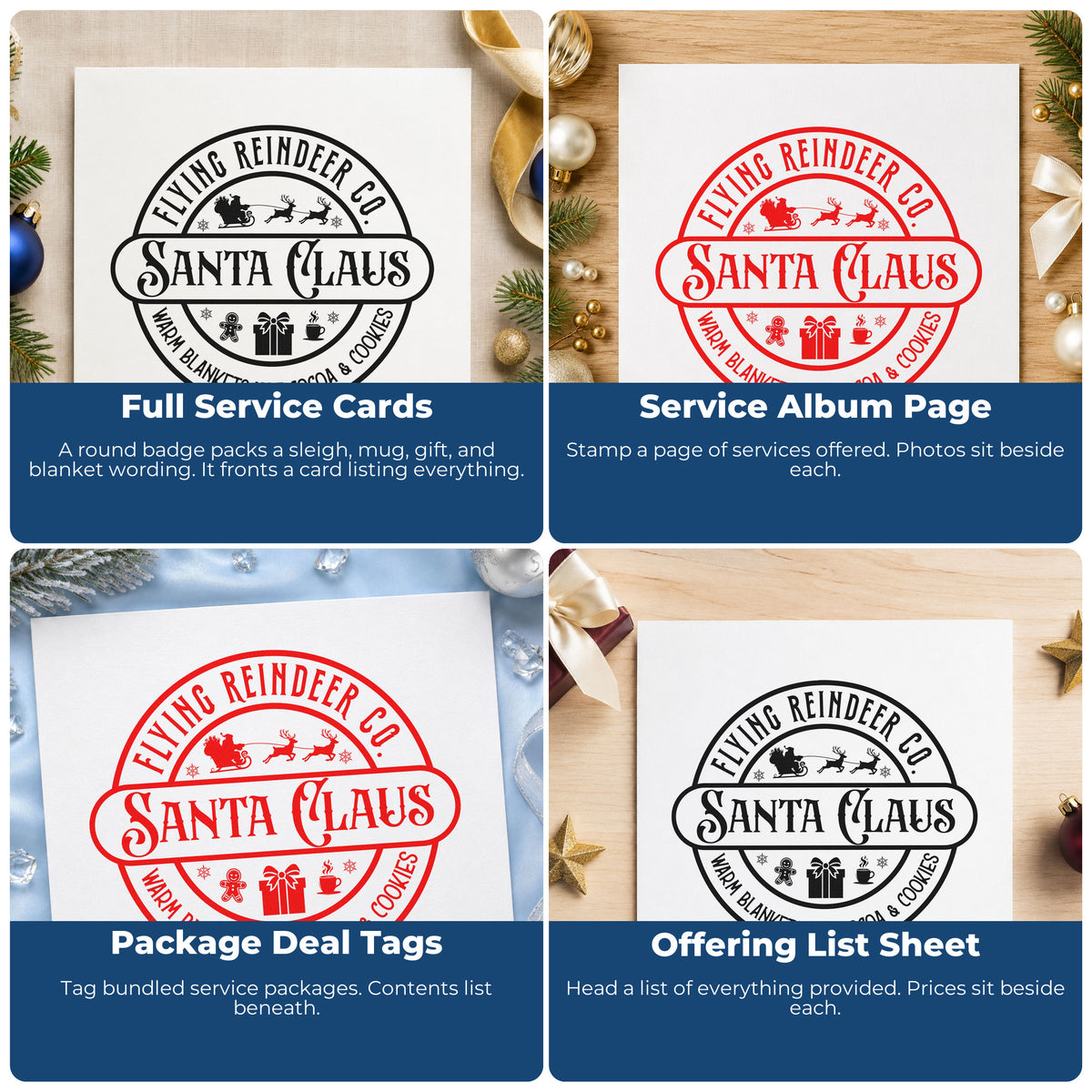 Four ways to use the Flying Reindeer Co. Santa Claus PSI Pre-Inked Stamp: full service cards, service album page, package deal tags and offering list sheet.