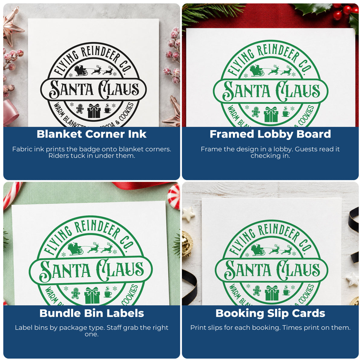Four ways to use the Flying Reindeer Co. Santa Claus Stamp – Wood Handle: blanket corner ink, framed lobby board, bundle bin labels and booking slip cards.