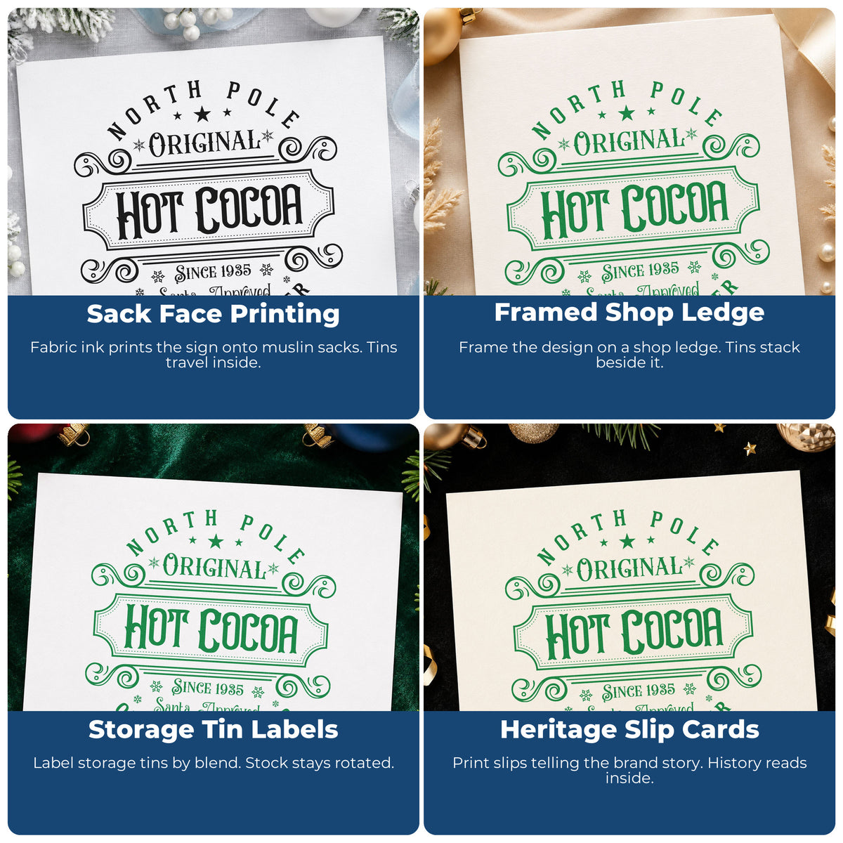 Four ways to use the North Pole Original Hot Cocoa Lettering Stamp - Premium Vintage Pro Wooden: sack face printing, framed shop ledge, storage tin labels and heritage slip cards.