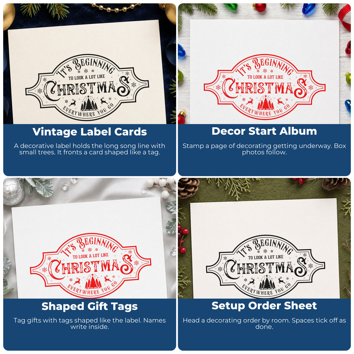 Four ways to use the Beginning To Look Like Christmas Wood Handle Stamp: vintage label cards, decor start album, shaped gift tags and setup order sheet.