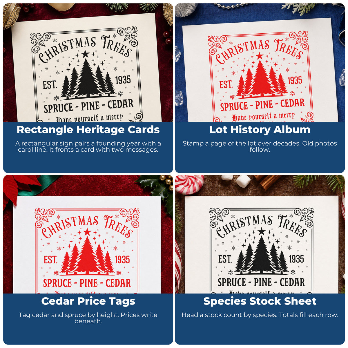 Four ways to use the Christmas Trees Est 1935 Sign Pine Motif PSI Pre-Inked Stamp: rectangle heritage cards, lot history album, cedar price tags and species stock sheet.