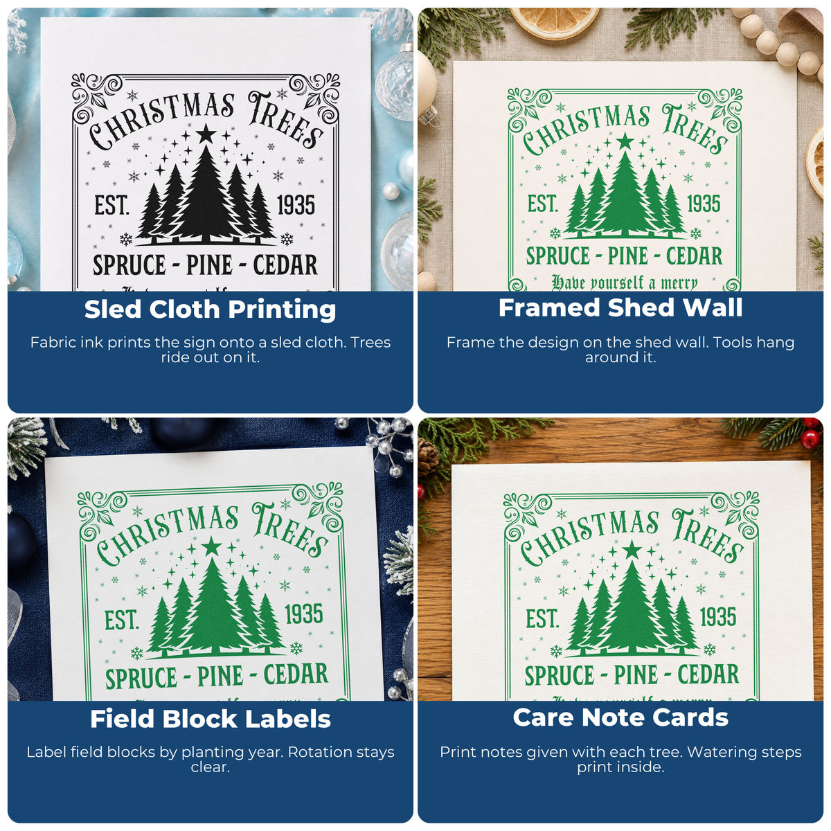 Four ways to use the Christmas Trees Est 1935 Sign Pine Motif PSI Pre-Inked Stamp: sled cloth printing, framed shed wall, field block labels and care note cards.