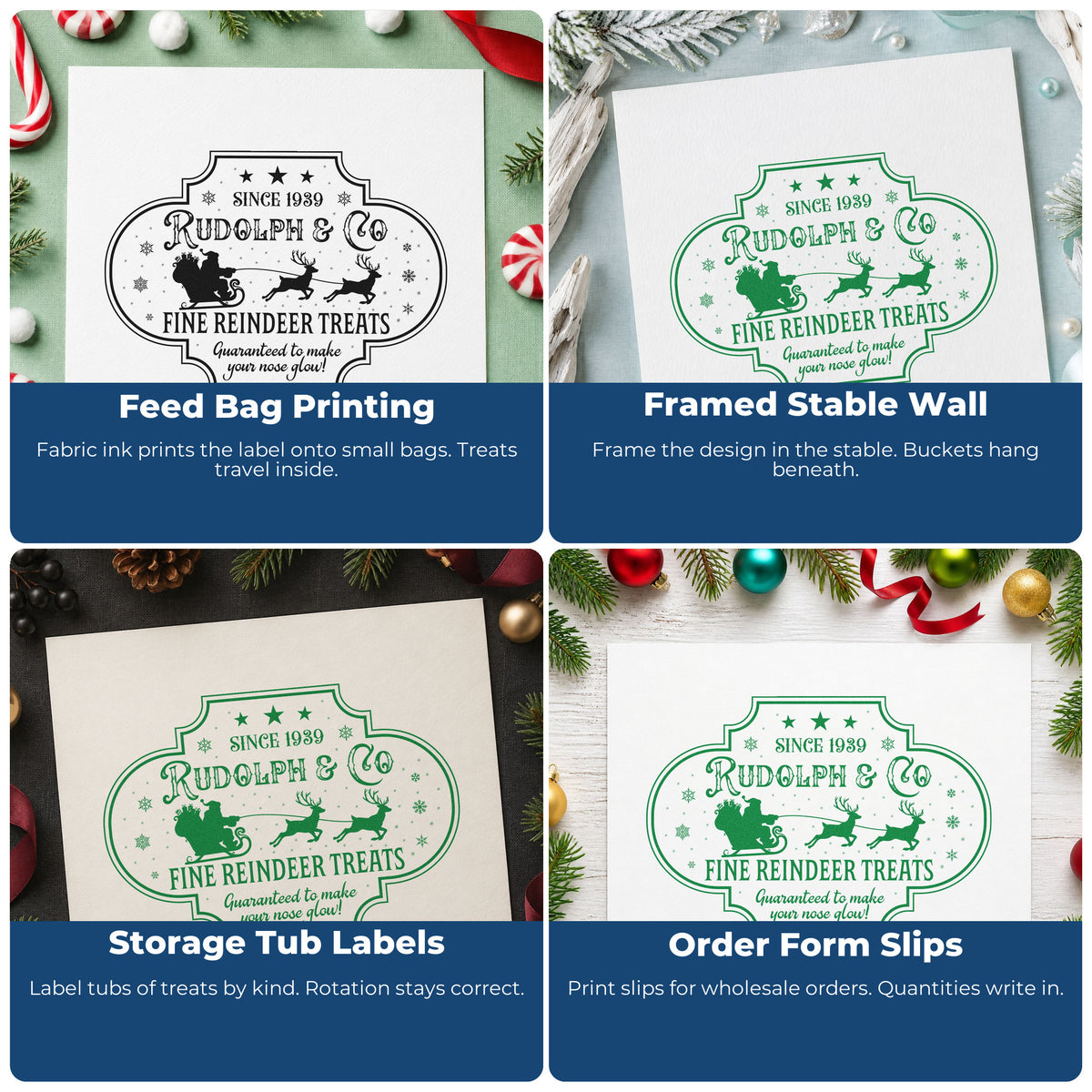 Four ways to use the Rudolph & Co. Fine Reindeer Treats Stamp – PSI Pre-Inked: feed bag printing, framed stable wall, storage tub labels and order form slips.