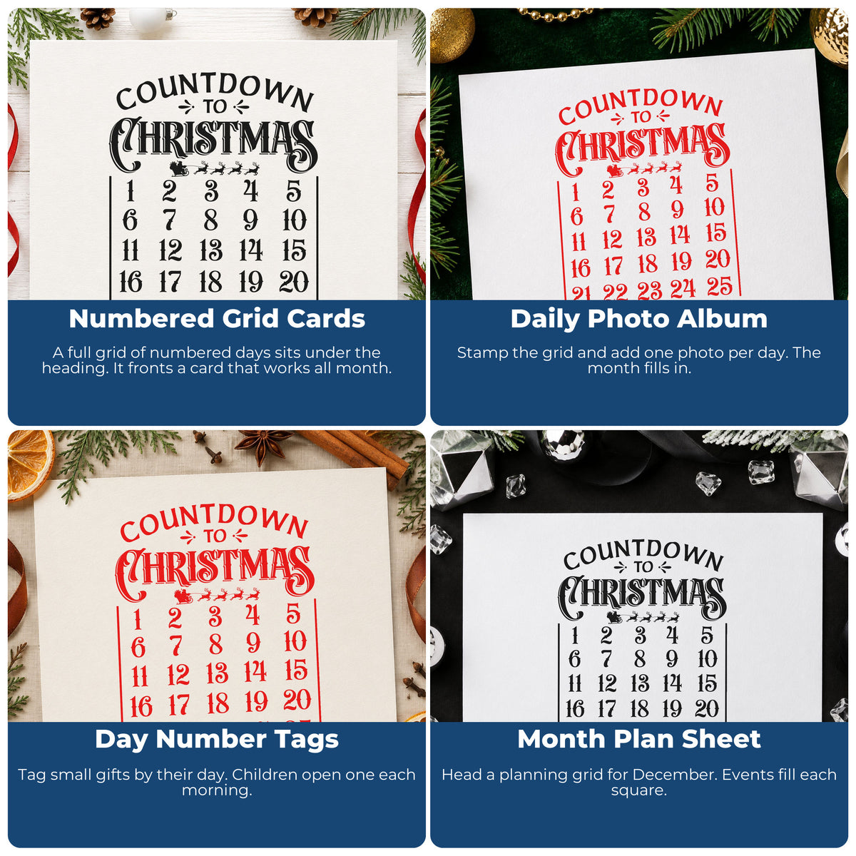 Four ways to use the Countdown To Christmas Calendar Self-Inking Stamp: numbered grid cards, daily photo album, day number tags and month plan sheet.