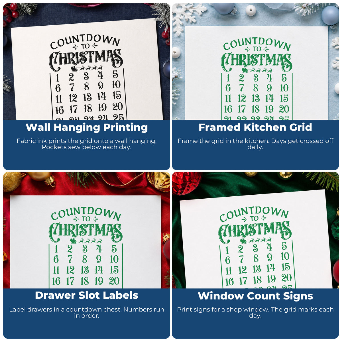 Four ways to use the Countdown To Christmas Calendar Pre-Inked Stamp – PSI: wall hanging printing, framed kitchen grid, drawer slot labels and window count signs.