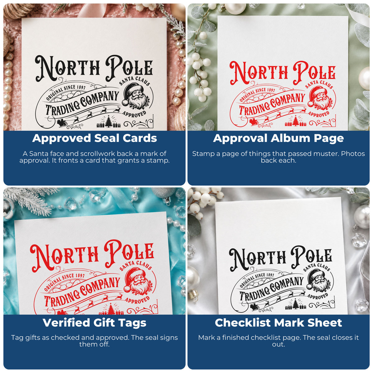 Four ways to use the North Pole Trading Santa Approved Tree Motif Craft Stamp – Self-Inking: approved seal cards, approval album page, verified gift tags and checklist mark sheet.