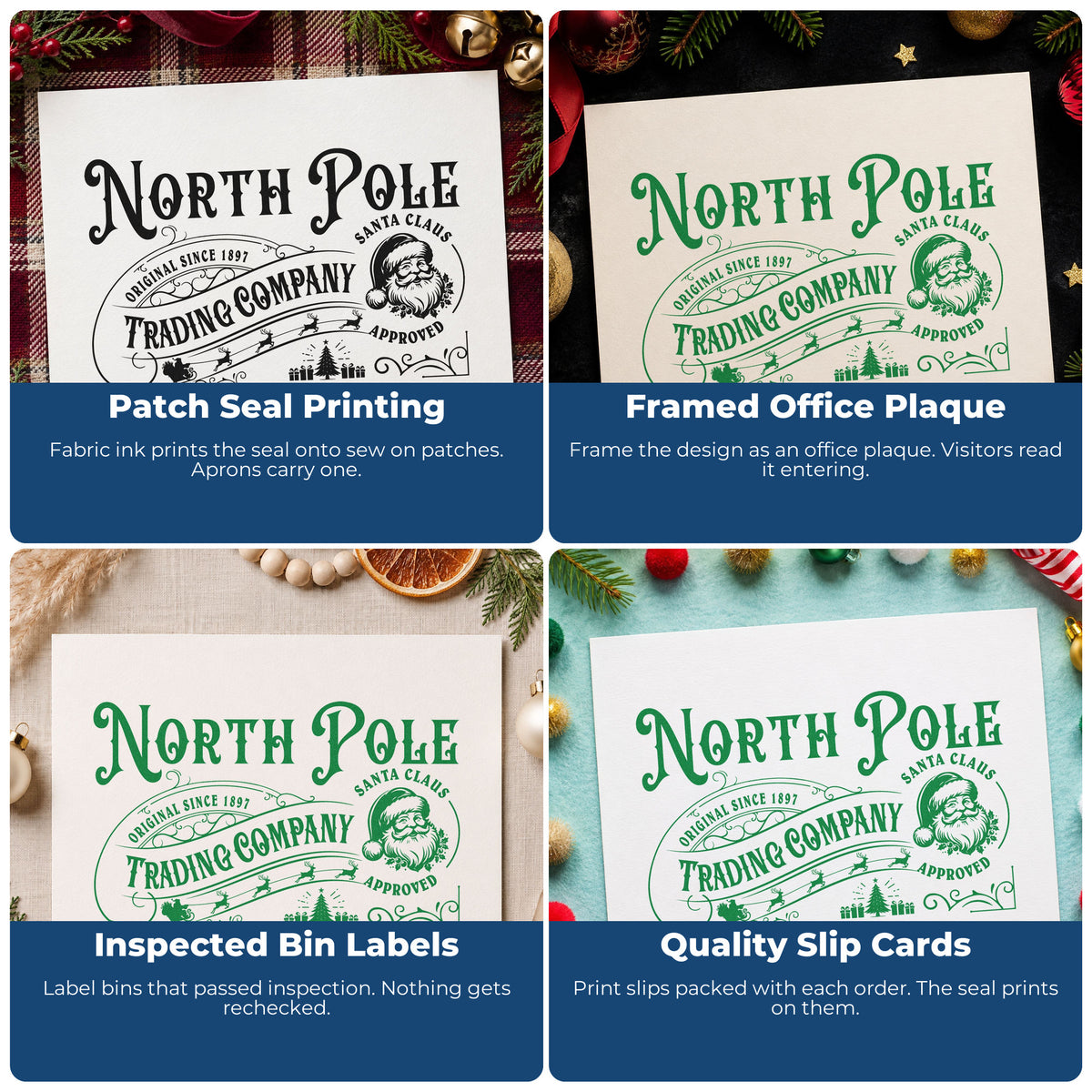 Four ways to use the North Pole Trading Santa Approved Tree Motif Pre-Inked Stamp – Slim: patch seal printing, framed office plaque, inspected bin labels and quality slip cards.