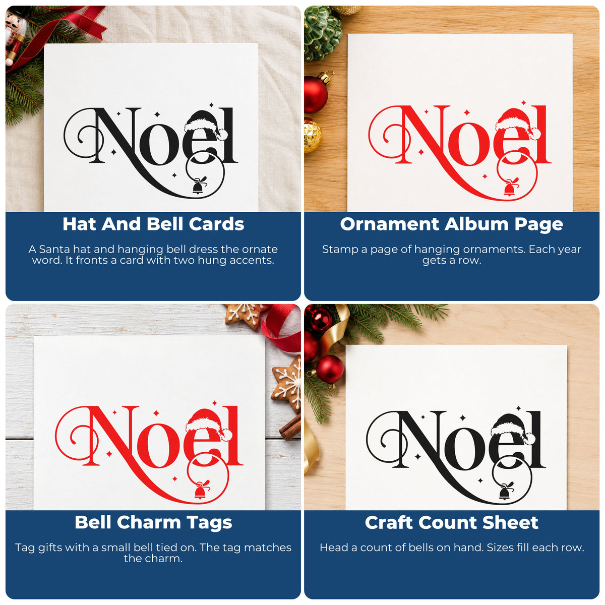 Four ways to use the Vintage Pro Noel Santa Hat Bell Premium Wooden Stamp: hat and bell cards, ornament album page, bell charm tags and craft count sheet.