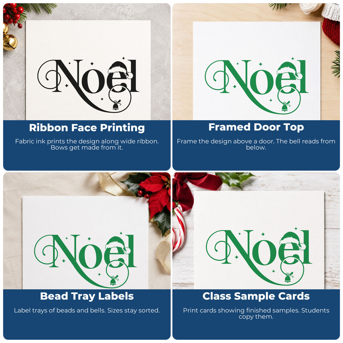 Four ways to use the Noel Santa Hat Bell Compact Pre-Inked Stamp – Slim: ribbon face printing, framed door top, bead tray labels and class sample cards.