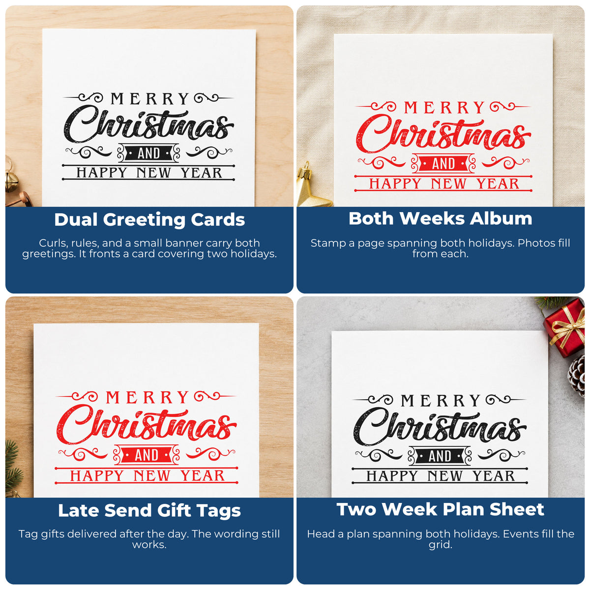 Four ways to use the Merry Christmas And Happy New Year Duo Hand Stamp: dual greeting cards, both weeks album, late send gift tags and two week plan sheet.