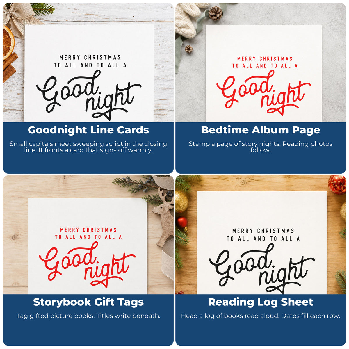Four ways to use the Merry Christmas Good Night Pre-Inked Stamp – Slim: goodnight line cards, bedtime album page, storybook gift tags and reading log sheet.