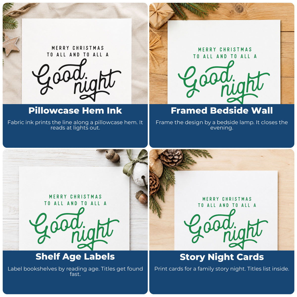 Four ways to use the Merry Christmas Good Night Hand Stamp – Duo: pillowcase hem ink, framed bedside wall, shelf age labels and story night cards.