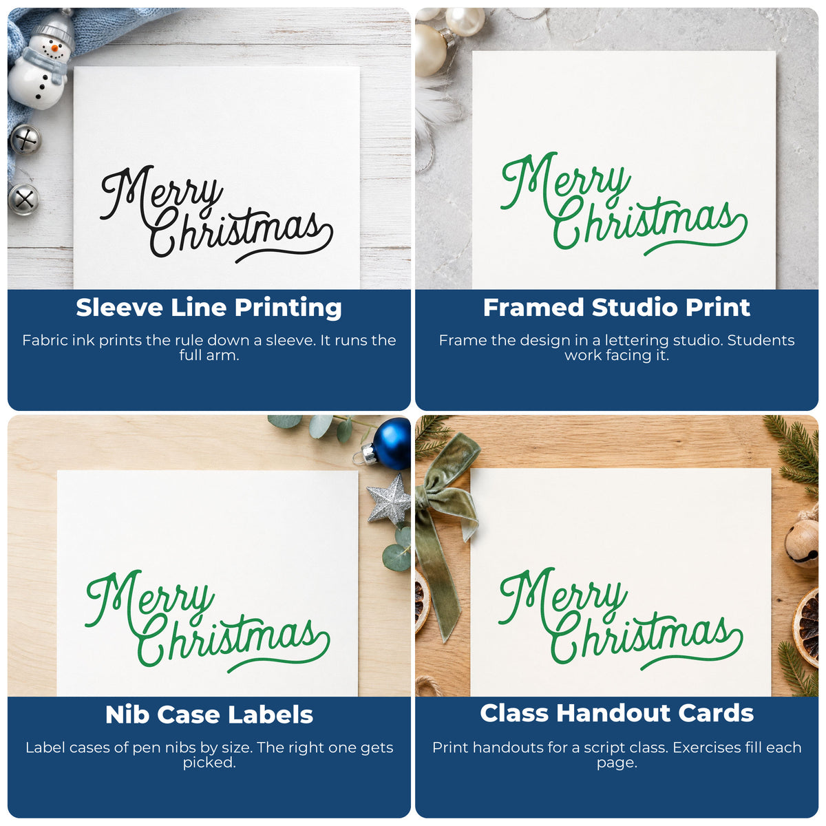 Four ways to use the Merry Christmas Underline Flourish Premium Wooden Stamp - Vintage Pro: sleeve line printing, framed studio print, nib case labels and class handout cards.