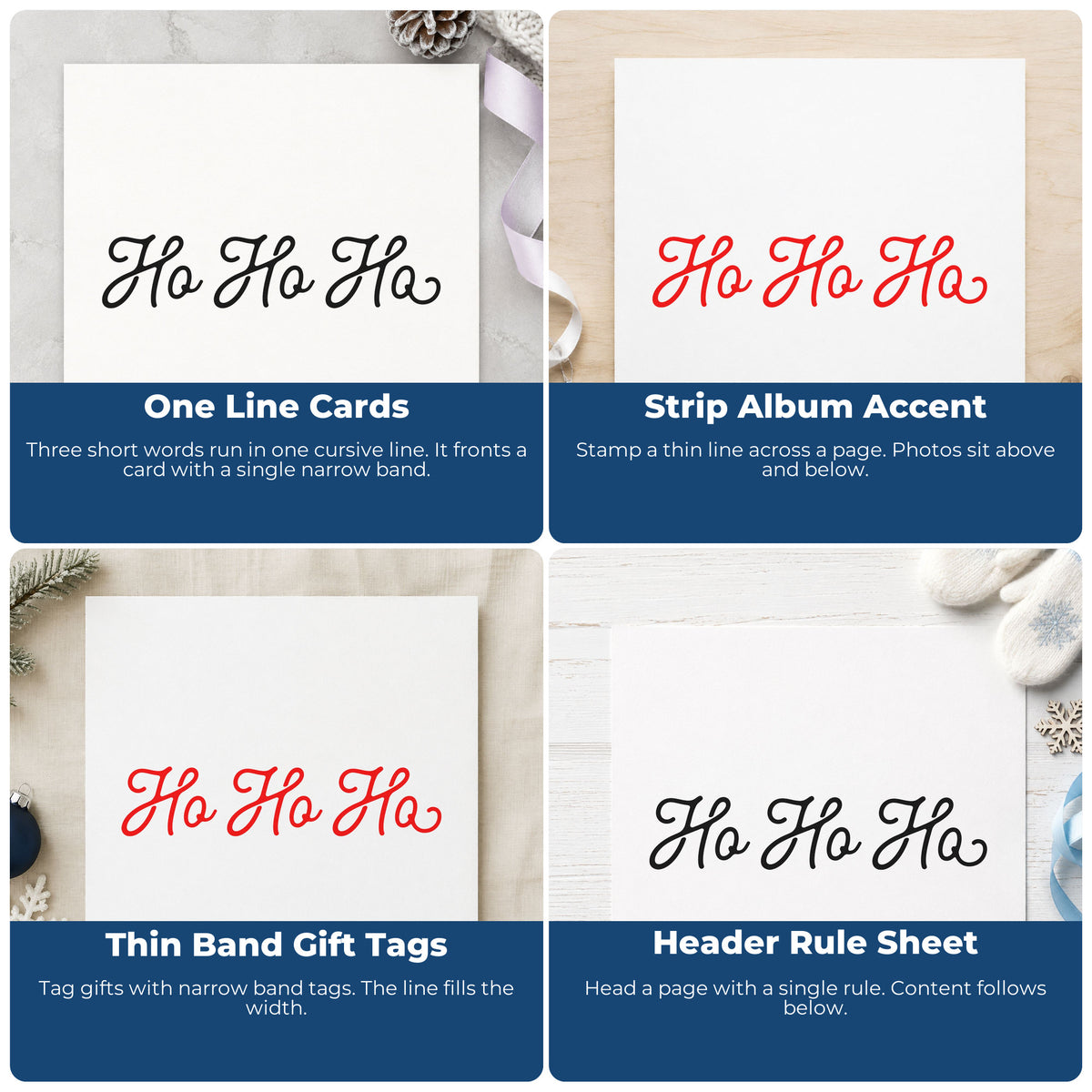 Four ways to use the Ho Ho Ho Premium Wooden Stamp - Vintage Pro: one line cards, strip album accent, thin band gift tags and header rule sheet.