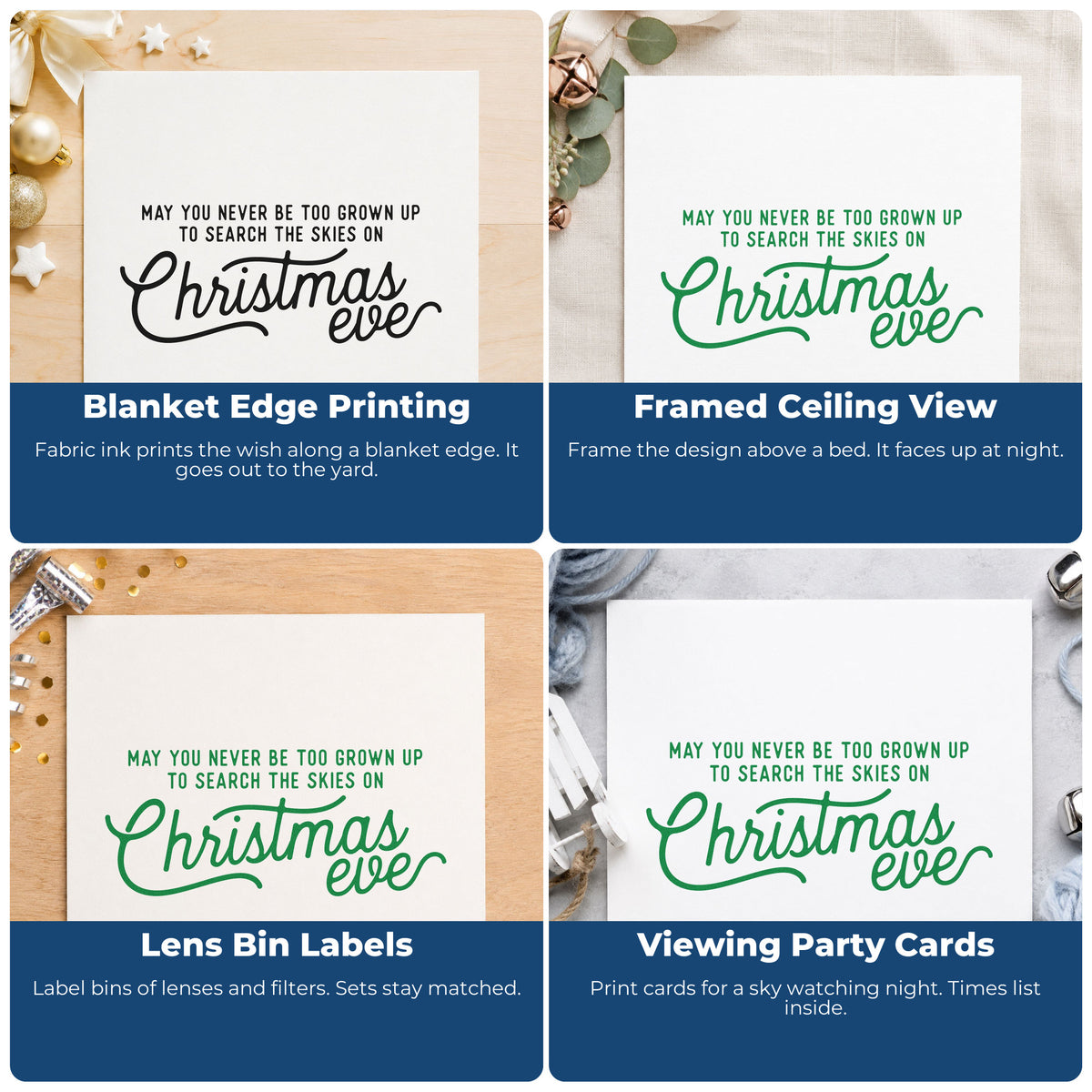 Four ways to use the Never Grown Up Christmas Eve Script Lettering Hand Stamp – Duo: blanket edge printing, framed ceiling view, lens bin labels and viewing party cards.