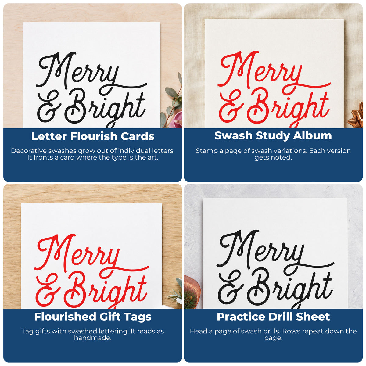 Four ways to use the Merry And Bright Script Lettering Rubber Stamp – Wood Handle: letter flourish cards, swash study album, flourished gift tags and practice drill sheet.