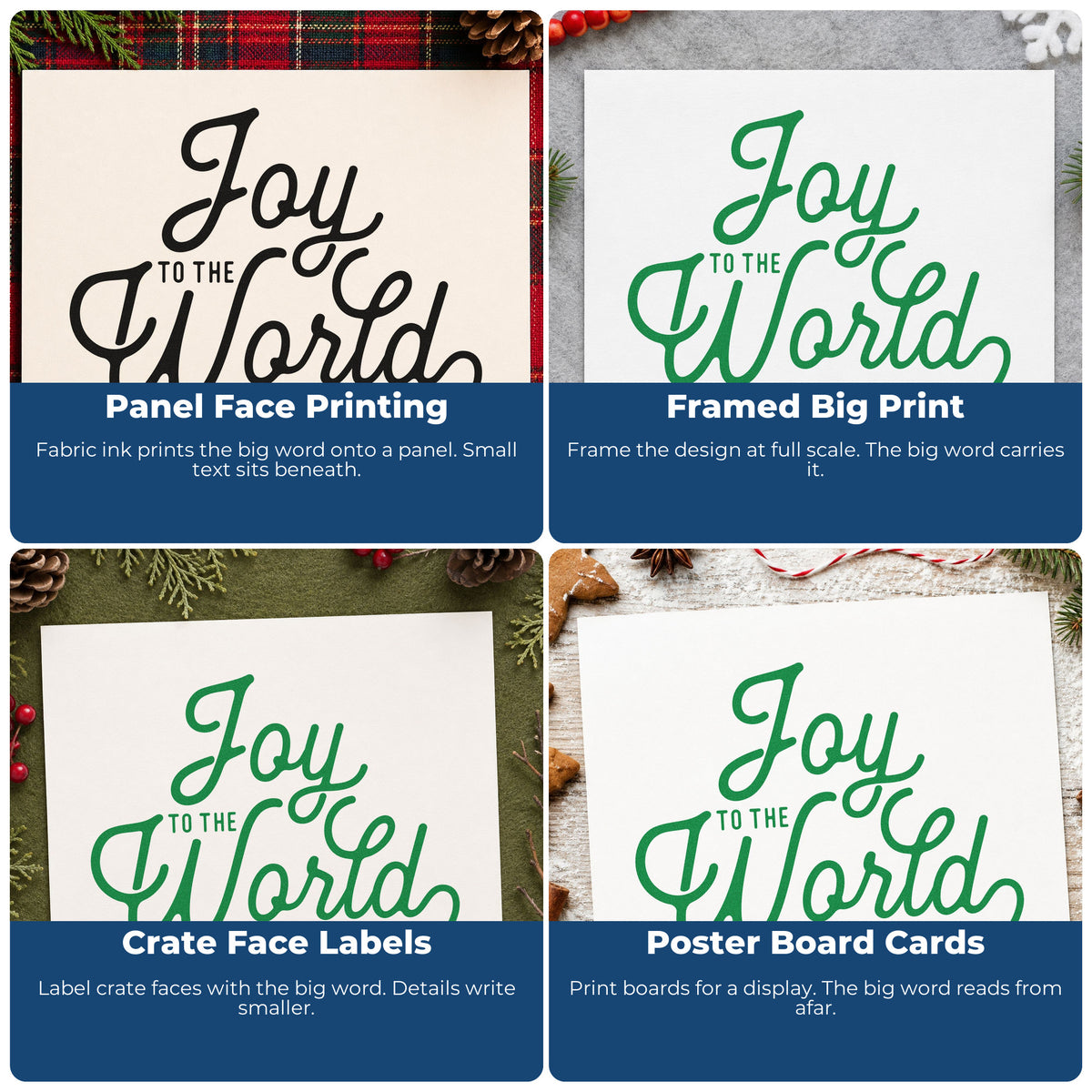 Four ways to use the Premium Wooden Joy To The World Script Lettering Stamp - Vintage Pro: panel face printing, framed big print, crate face labels and poster board cards.