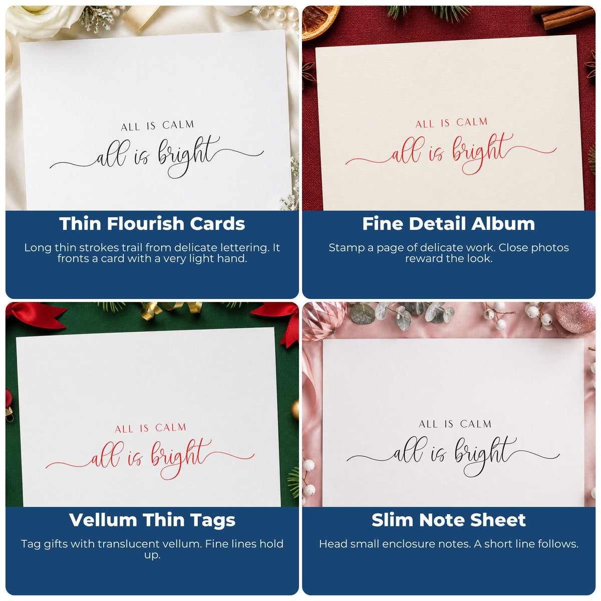Four ways to use the All Calm Bright Fine Script Premium Wooden Stamp - Vintage Pro: thin flourish cards, fine detail album, vellum thin tags and slim note sheet.