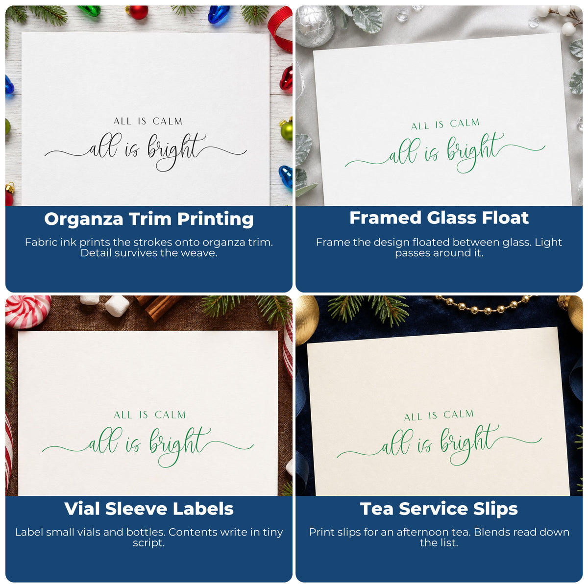 Four ways to use the All Calm Bright Fine Script Premium Wooden Stamp - Vintage Pro: organza trim printing, framed glass float, vial sleeve labels and tea service slips.
