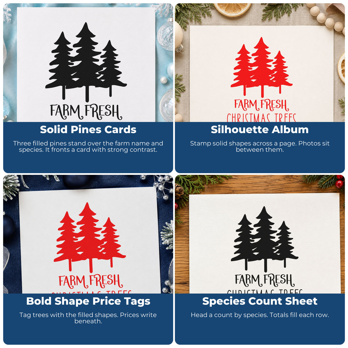 Four ways to use the Farm Fresh Three Pine Trees Stamp – Self-Inking: solid pines cards, silhouette album, bold shape price tags and species count sheet.
