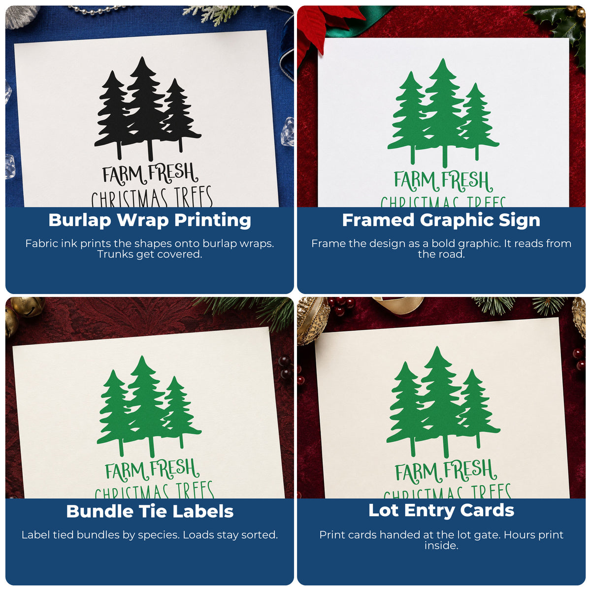 Four ways to use the Farm Fresh Three Pine Trees Stamp – Self-Inking: burlap wrap printing, framed graphic sign, bundle tie labels and lot entry cards.