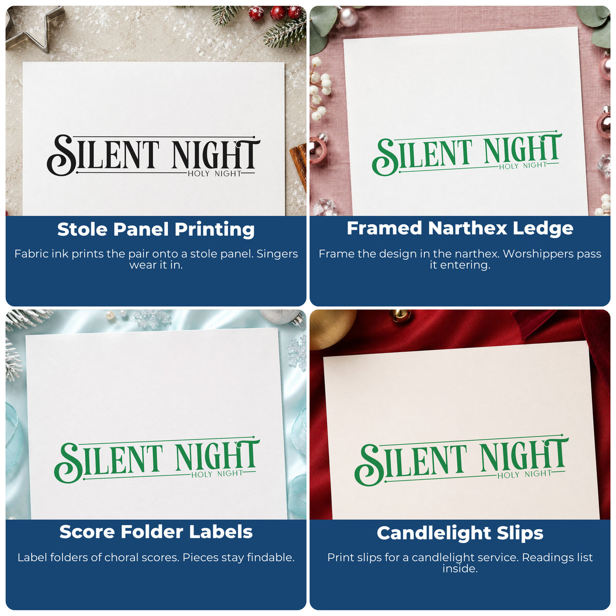 Four ways to use the Self-Inking Silent Night Holy Night Stamp: stole panel printing, framed narthex ledge, score folder labels and candlelight slips.