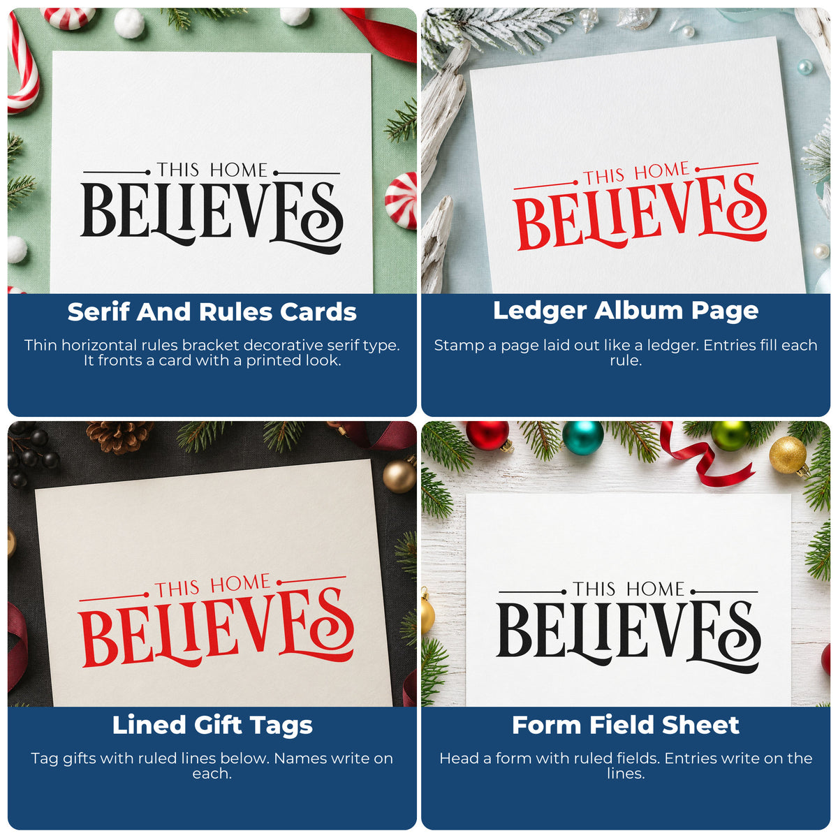 Four ways to use the This Home Believes Serif Wood Handle Stamp: serif and rules cards, ledger album page, lined gift tags and form field sheet.