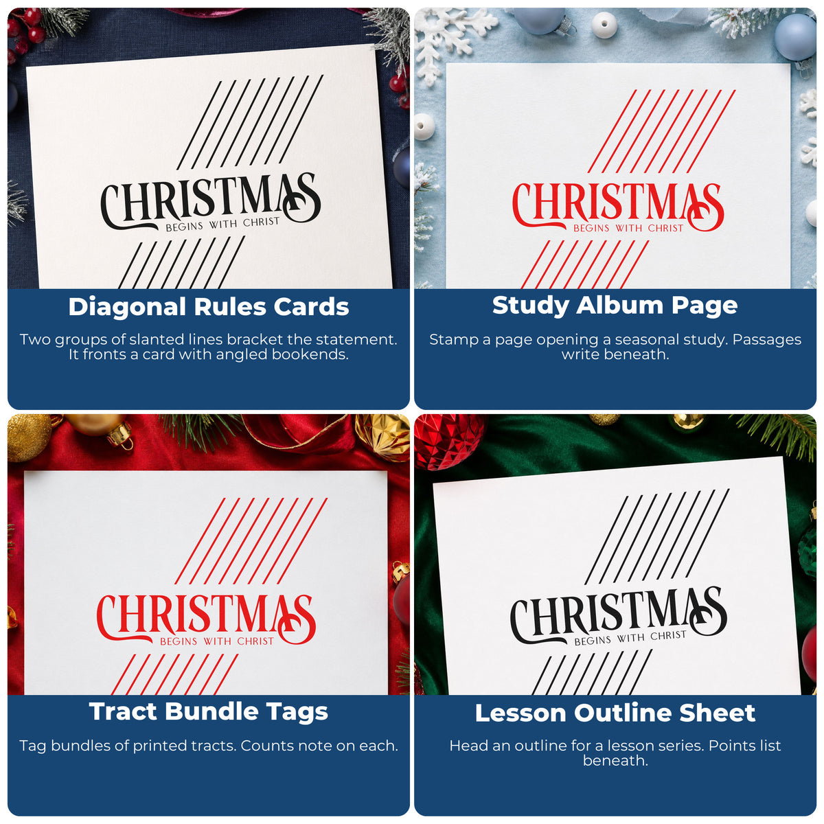 Four ways to use the Christmas Begins With Christ PSI Pre-Inked Stamp: diagonal rules cards, study album page, tract bundle tags and lesson outline sheet.