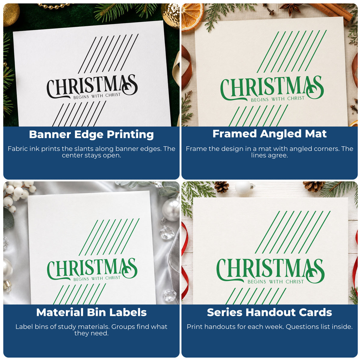 Four ways to use the Christmas Begins With Christ Rubber Stamp – Duo Hand: banner edge printing, framed angled mat, material bin labels and series handout cards.