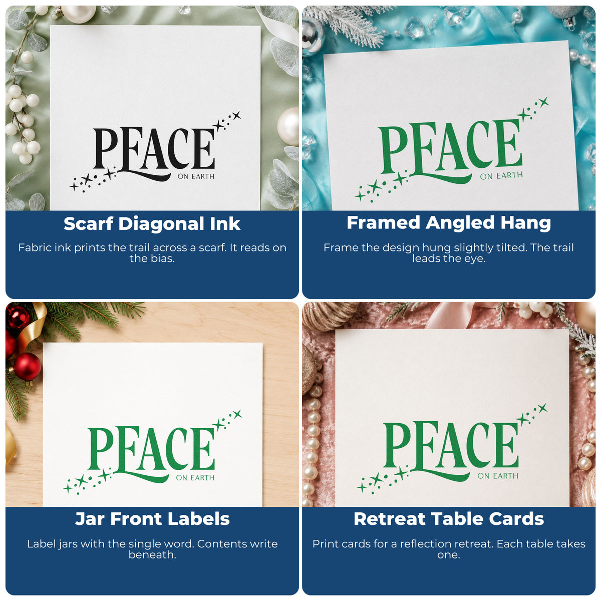Four ways to use the PSI Pre-Inked Peace On Earth Sparkles Serif Lettering Stamp: scarf diagonal ink, framed angled hang, jar front labels and retreat table cards.