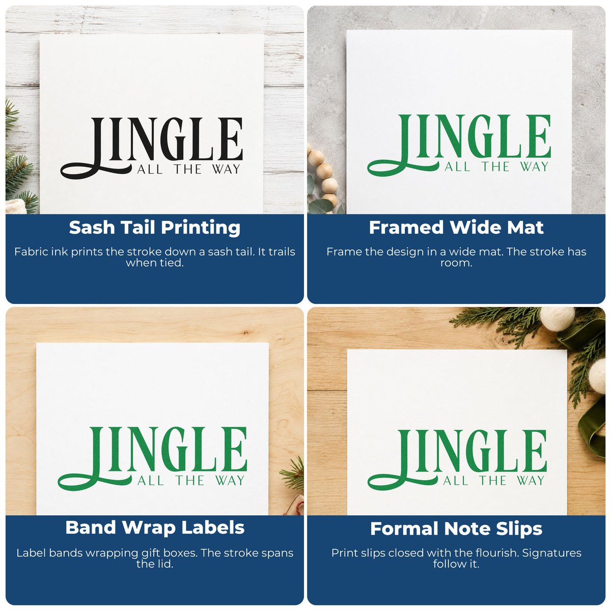 Four ways to use the Jingle All The Way Serif Wood Handle Stamp: sash tail printing, framed wide mat, band wrap labels and formal note slips.