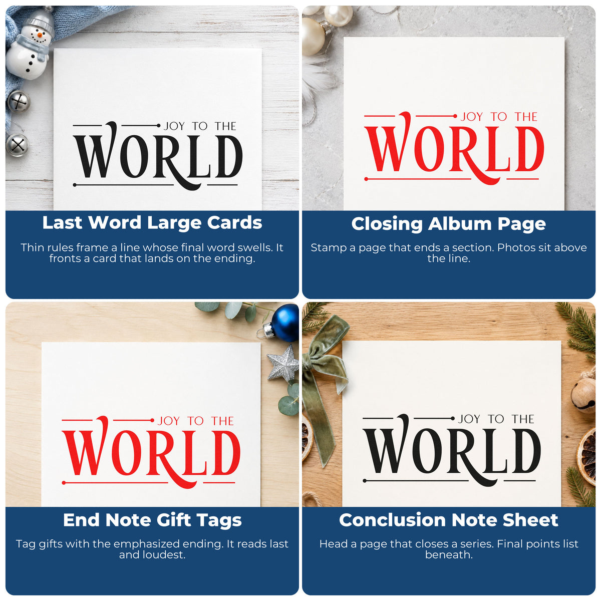 Four ways to use the Joy To The World Serif Premium Wood-Mounted Stamp - Vintage Pro: last word large cards, closing album page, end note gift tags and conclusion note sheet.