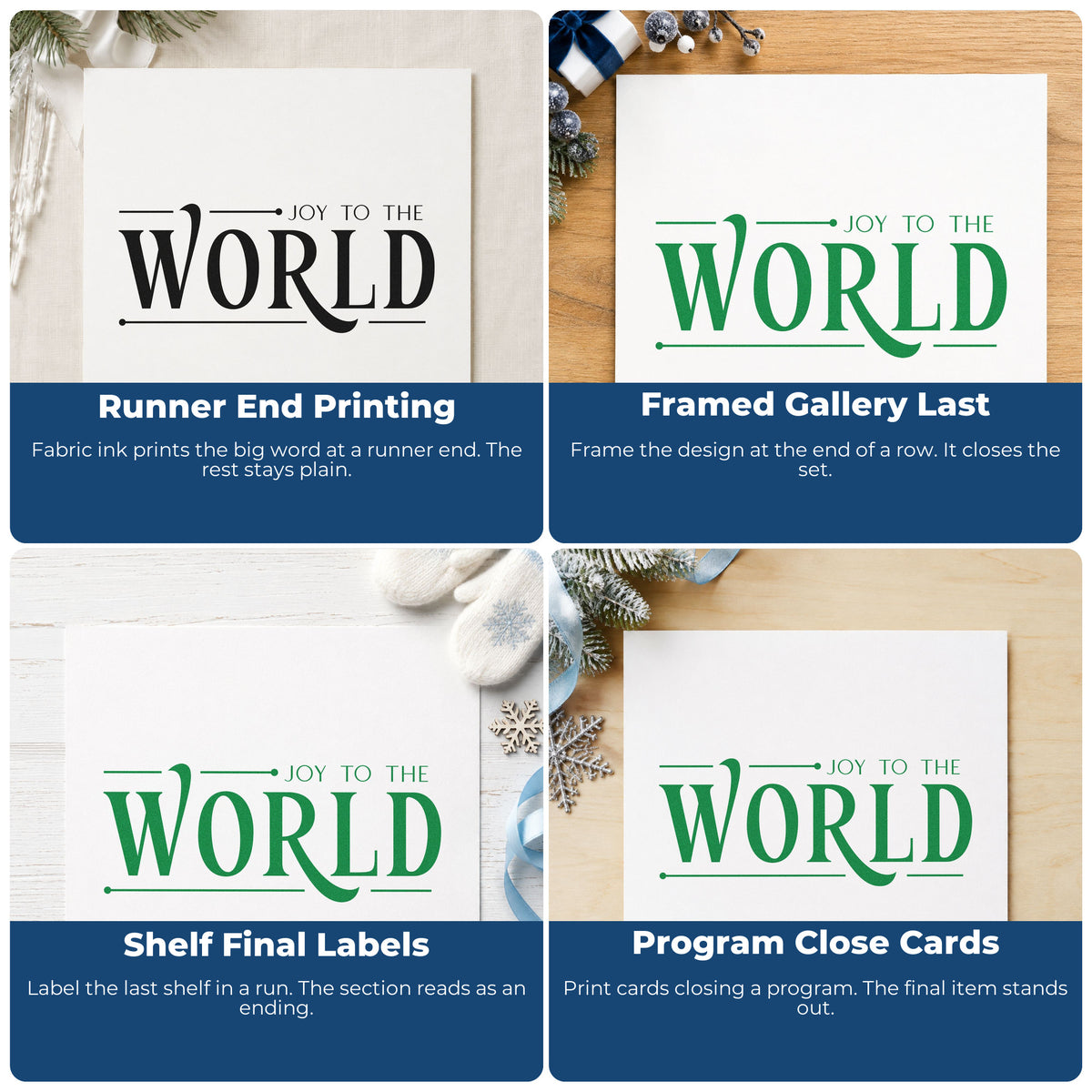 Four ways to use the Joy To The World Serif Wood Handle Stamp: runner end printing, framed gallery last, shelf final labels and program close cards.