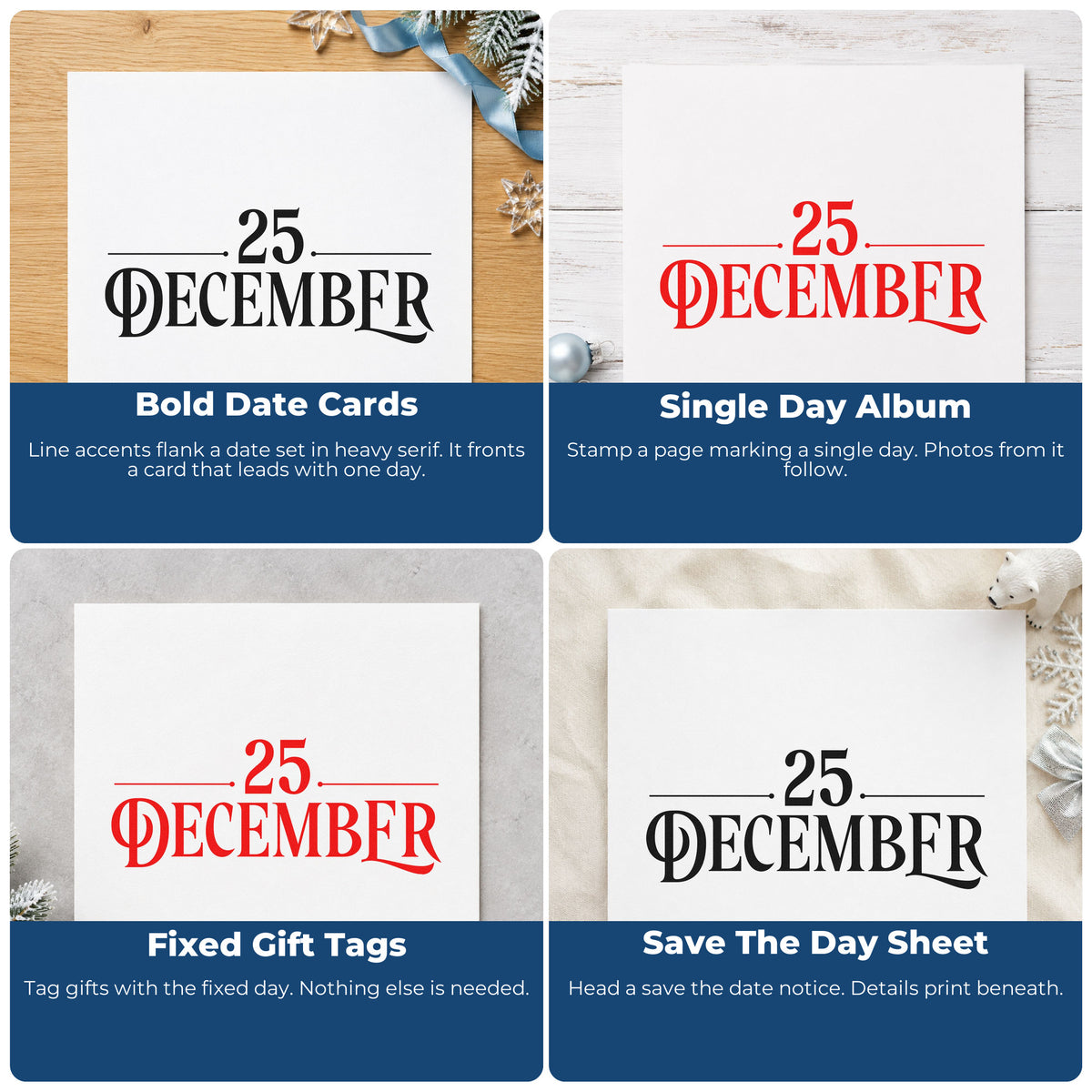 Four ways to use the Twenty Five December Word Art Hand Stamp – Duo: bold date cards, single day album, fixed gift tags and save the day sheet.