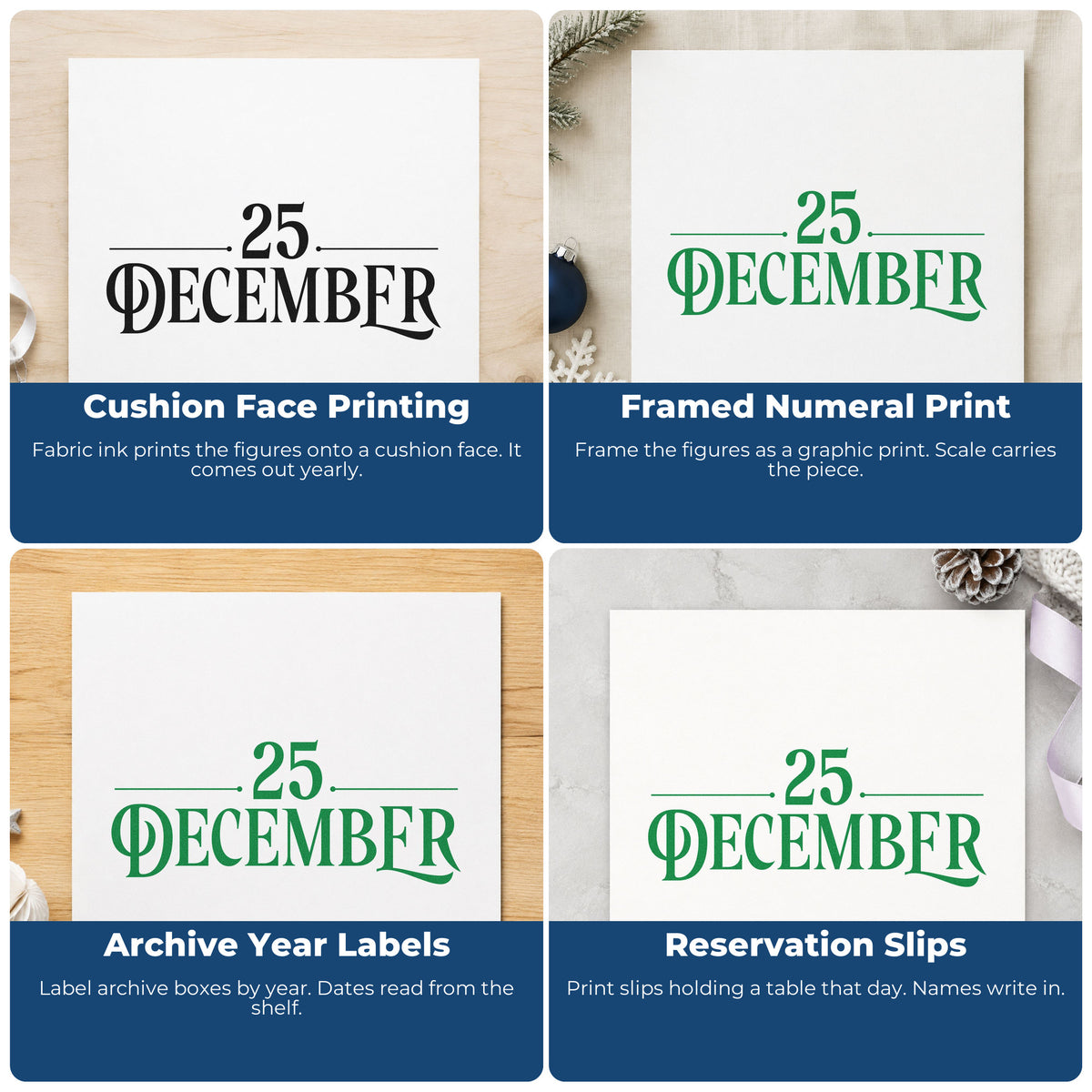 Four ways to use the Twenty Five December Word Art Rubber Stamp – Wood Handle: cushion face printing, framed numeral print, archive year labels and reservation slips.