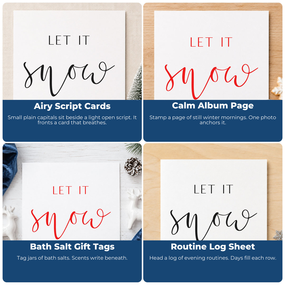 Four ways to use the Let It Snow Fine Script Premium Wooden Stamp - Vintage Pro: airy script cards, calm album page, bath salt gift tags and routine log sheet.