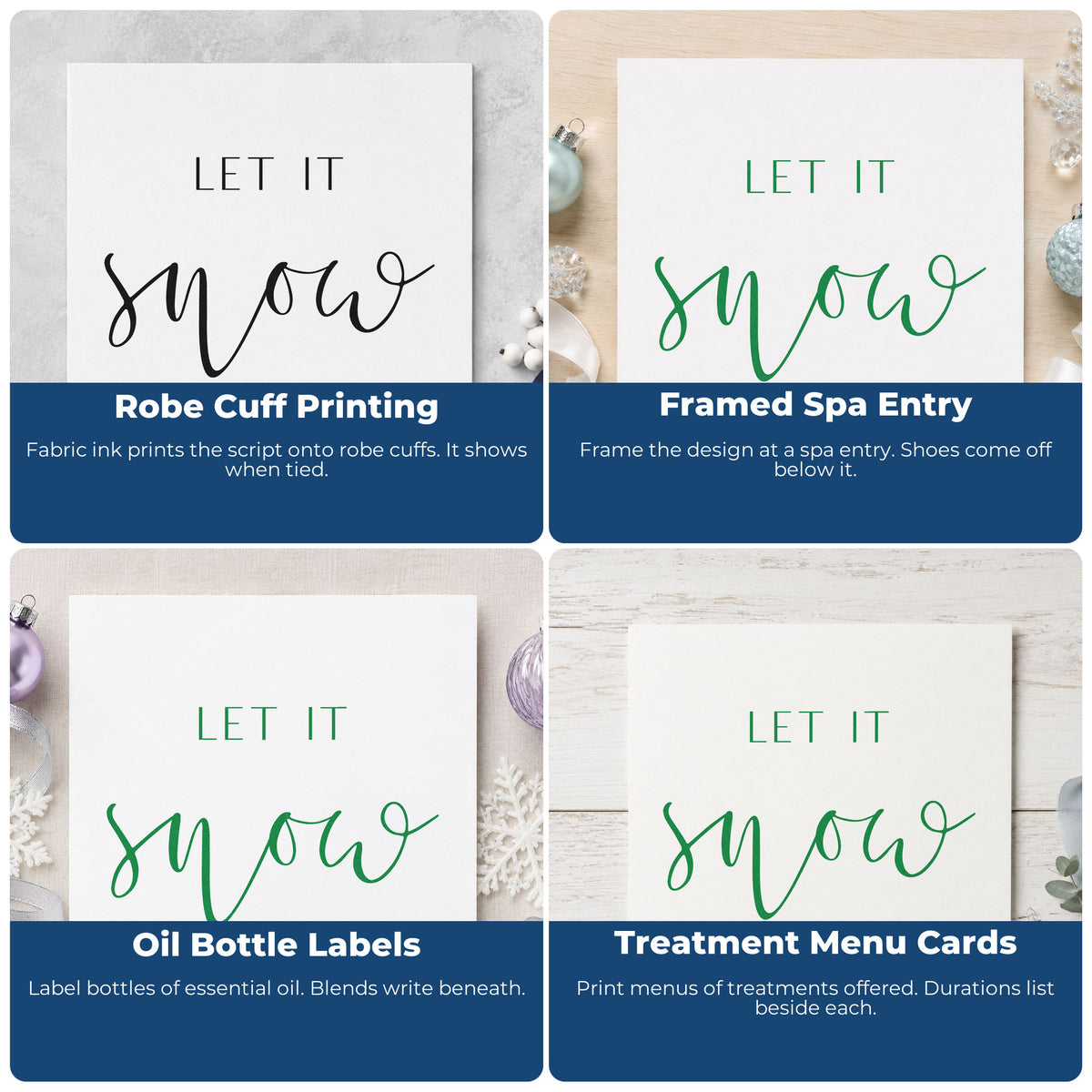 Four ways to use the Let It Snow Fine Script PSI Pre-Inked Stamp: robe cuff printing, framed spa entry, oil bottle labels and treatment menu cards.