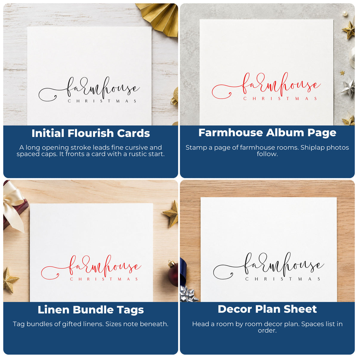 Four ways to use the Farmhouse Christmas PSI Pre-Inked Stamp: initial flourish cards, farmhouse album page, linen bundle tags and decor plan sheet.