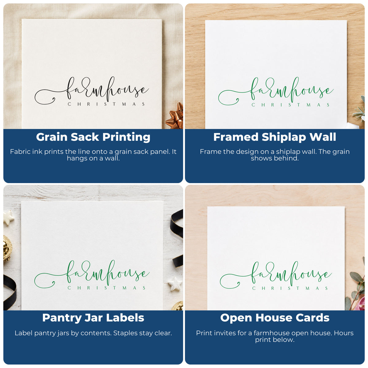 Four ways to use the Farmhouse Christmas PSI Pre-Inked Stamp: grain sack printing, framed shiplap wall, pantry jar labels and open house cards.