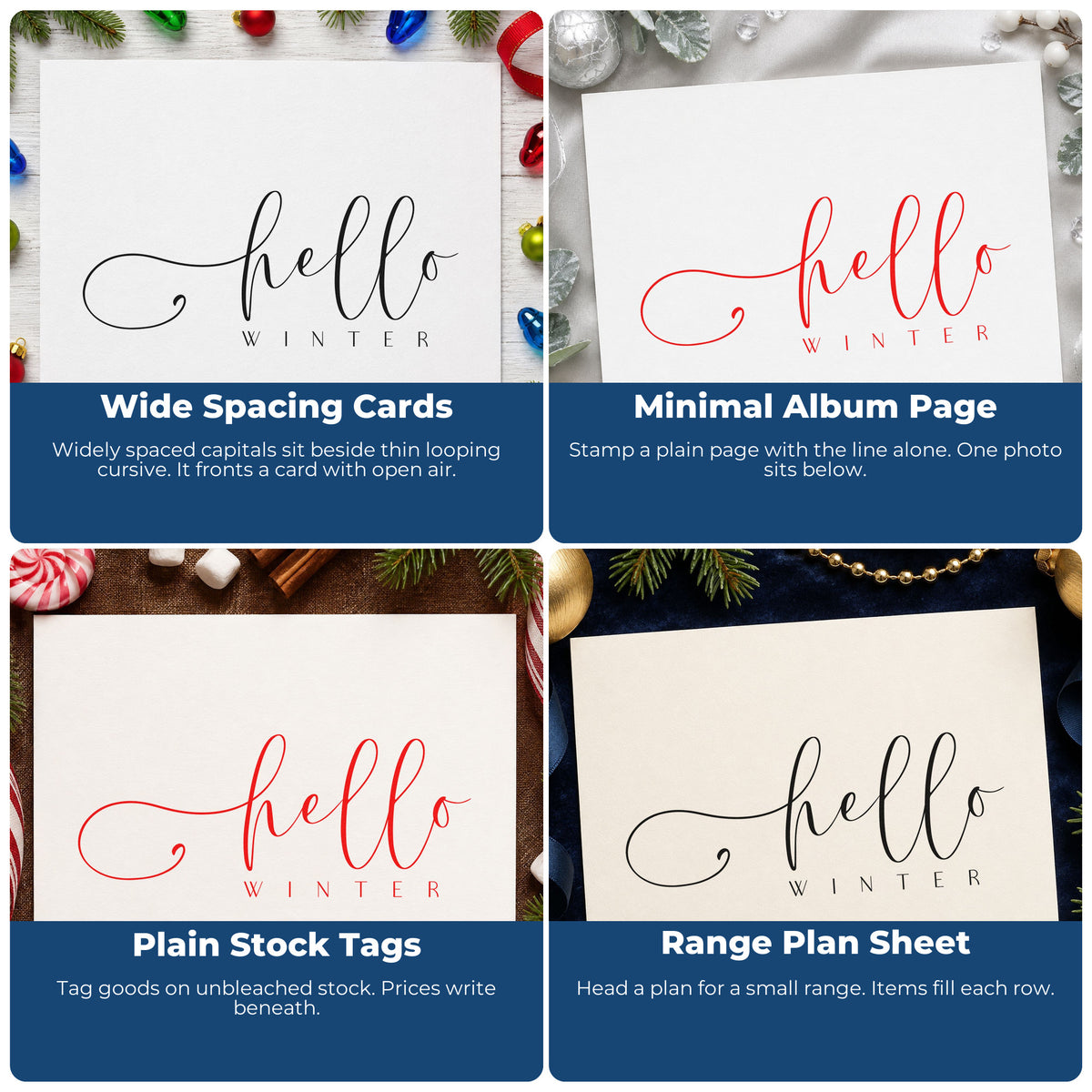 Four ways to use the Hello Winter Fine Script Wood Handle Stamp: wide spacing cards, minimal album page, plain stock tags and range plan sheet.
