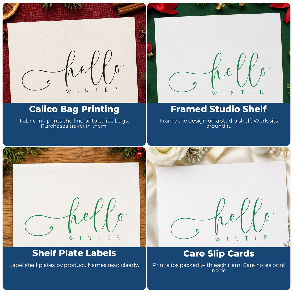 Four ways to use the Hello Winter Fine Script Wood Handle Stamp: calico bag printing, framed studio shelf, shelf plate labels and care slip cards.