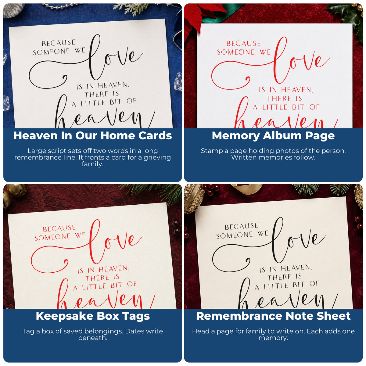 Four ways to use the Love In Heaven Home Word Art Stamp – Slim Pre-Inked: heaven in our home cards, memory album page, keepsake box tags and remembrance note sheet.