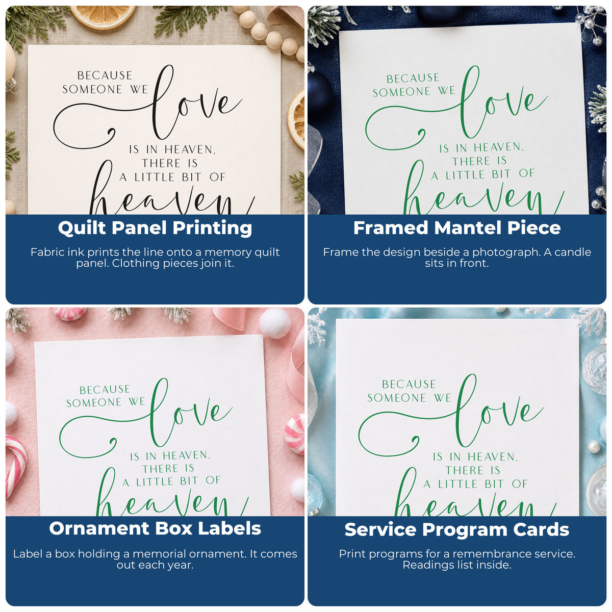 Four ways to use the Love In Heaven Home Word Art Stamp – Slim Pre-Inked: quilt panel printing, framed mantel piece, ornament box labels and service program cards.