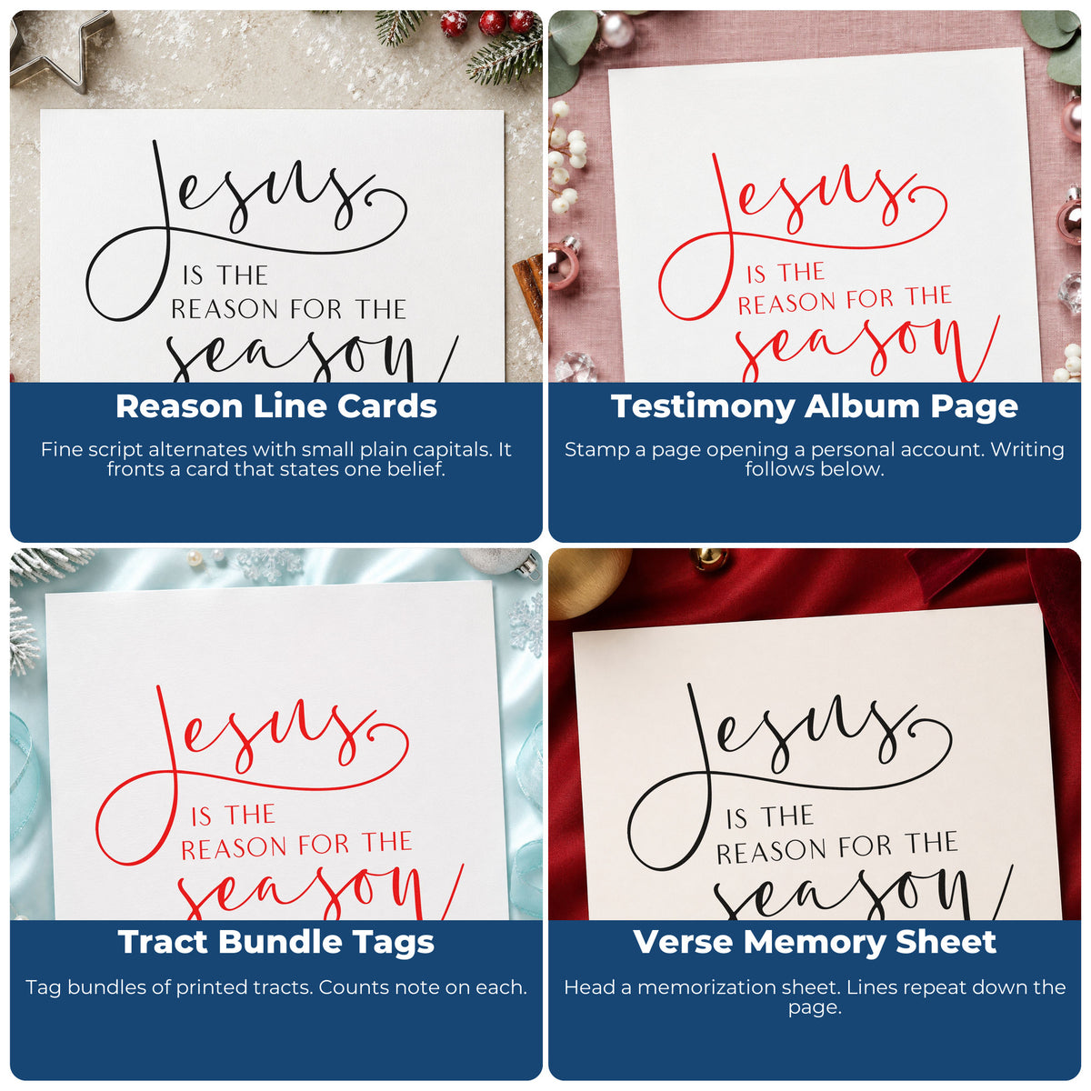 Four ways to use the Jesus Reason For The Season Rubber Stamp – Wood Handle: reason line cards, testimony album page, tract bundle tags and verse memory sheet.